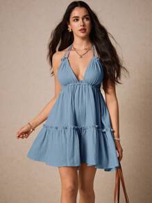 Poéselle Vrouwen Zomer Effen Kleur Eenvoudige Dagelijkse Jurk Borst Smokwerk Dubbele Schouderbandjes Rugloze Zomerjurk Ruffle Jurk Halterjurk Boho Vrouwen Kleding Strandjurken Sexy Jurken Pastel Jurk Curve Jurk