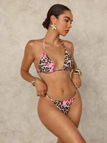 SHEIN Swim 2 piezas Conjunto de bikini con escote halter sexy para mujer, con estampado de leopardo y floral, para el atuendo del festival de música 2025, para vacaciones en la playa de verano