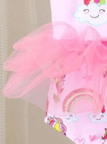 Baby Girl Rainbow Print Contrast Mesh Ruffle Detail One-Piece Swimsuit - Multicolor - View 4