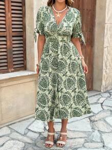 Breezaya Plus Size Women's Boho V-Neck Short Sleeve Floral Totem Print Button Down Dress, Suitable For Beach, Dating, Commuting, Office, For Summer - Green - View 6