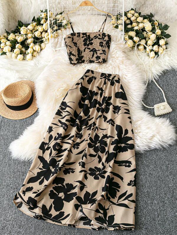 Franclia Conjunto de 2 piezas de top tubo plisado y falda con estampado floral diminuto para mujer, top corto sexy, apto para primavera/verano y vacaciones