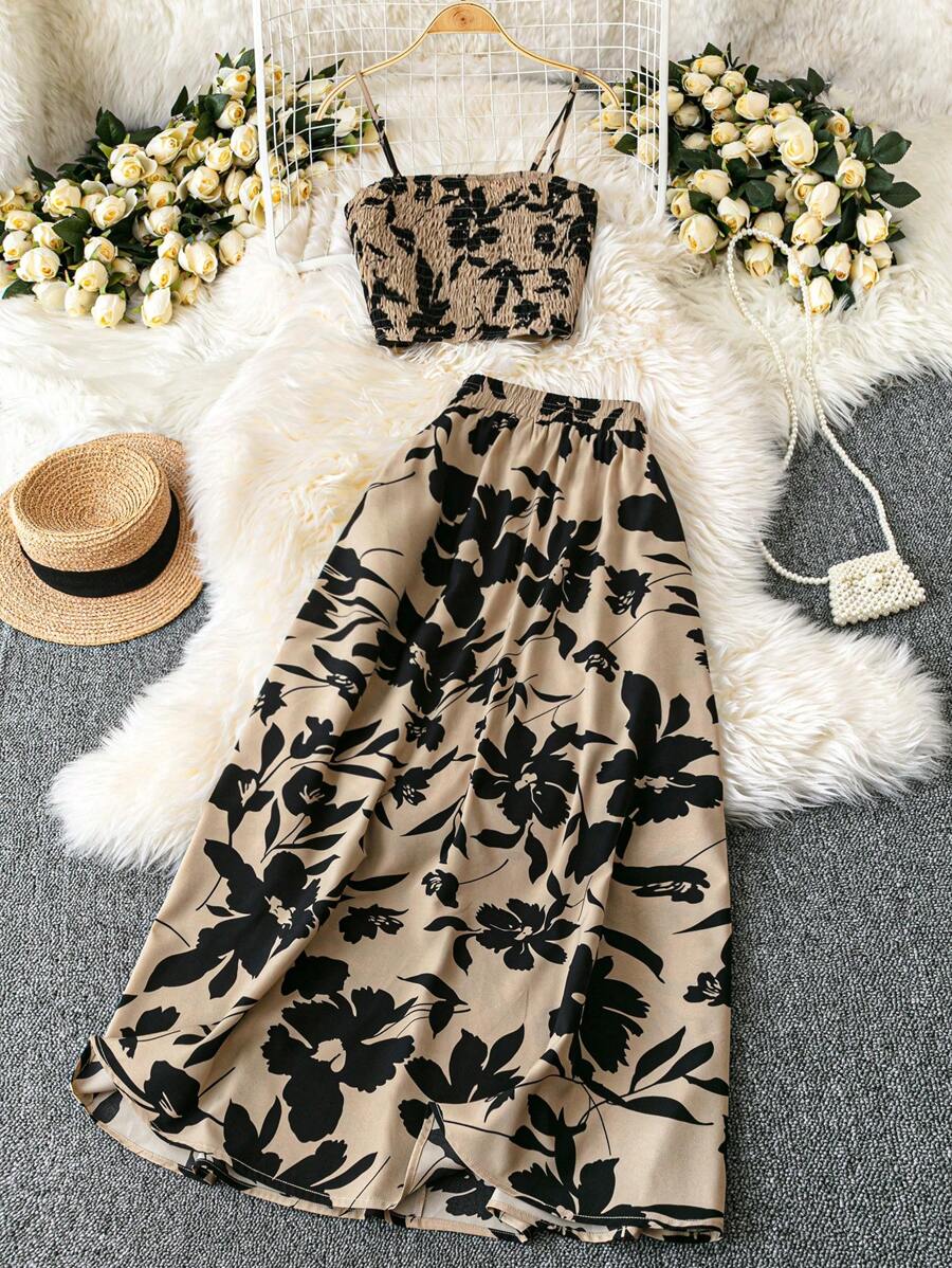 Franclia 女士春夏季假期碎花褶皱抹胸和裙子性感短款上衣 2 件套 - 彩色 - 查看 1