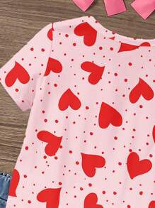 SHEIN Cute Handpainted Heart Print, Pink & Red, Young Girl Casual Simple Round Neck Short Sleeve T-Shirt, Suitable For Summer - Multicolor - View 3