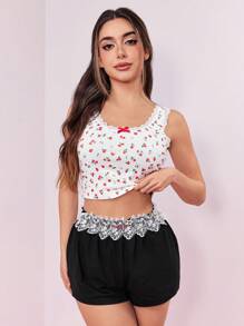 ROMWE Kawaii Lace Splice Embroidered Baby Design Pajama Bottoms - Black - View 2