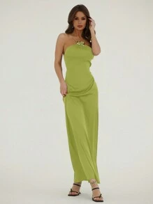 Aloruh Minimalist Elegant Asymmetrical Metal Buckle Decor Sleeveless Bodycon Midi Dress For Women