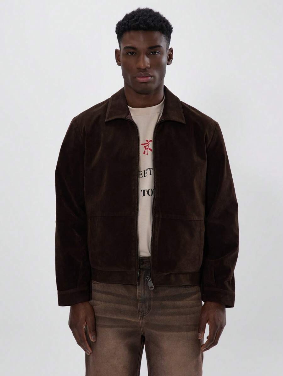 Musero 春夏麂皮宽松卡车司机拉链夹克 - 巧克力棕 - 查看 1