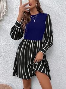 SHEIN Clasi Women's Striped Patchwork Long Sleeve 2 In 1 Short Dress - Blue - View 4