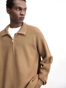 Maija 男士纯色前拉链开合长袖针织毛衣，春季 - 咖啡棕 - 查看 5