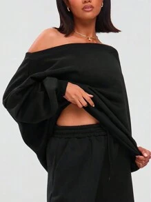 INAWLY Plus Size Solid Color Asymmetrical Neck Loose Sweatshirt & Sweatpants 2Pcs Set Fall Cloth For Women - Black - View 4