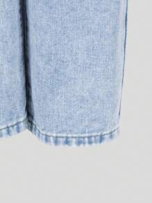 Young Girls' Light Blue Cute Pink Bow Print Elastic Waist Casual Wide Leg Washed Denim Pants Summer Holiday
