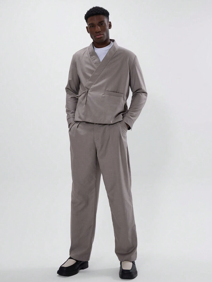 Musero Pleated Straight Leg Suit Trousers - Grey - View 1
