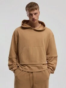 Musero Oversized Hooded Boxy Long Sleeve Double Layered Effect Hoodie Sweater SPRING SUMMER Essentials - Camel - View 4