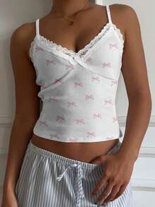 SHEIN EZwear Women's Pink Bow Lace Camisole, Suitable For Spring & Summer