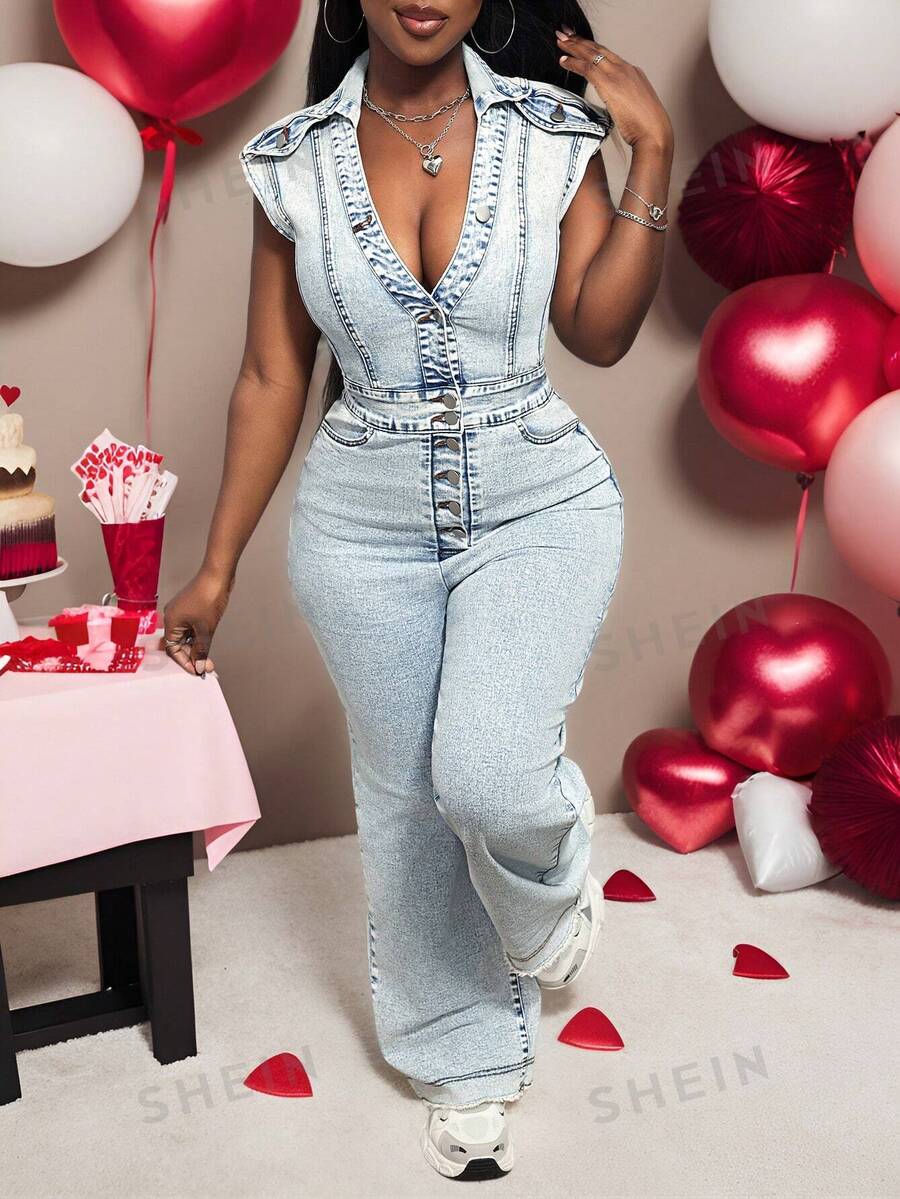 SHEIN Slayr Salopetă casual din denim, fără mâneci, cu buton în față, cu buzunar - Spălare ușoară - Vizualizare 1