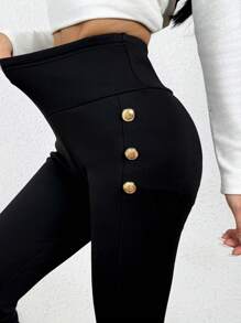 SHEIN PETITE Petite Women Metal Button Waisted Slim Fit Leggings - Black - View 4