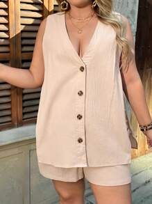 SHEIN VCAY 2 pièces Ensemble Top décontracté texturé sans manches et short à taille élastique pour femmes grande taille - Kaki - Voir 5