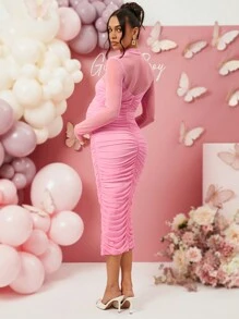 Loomaby Maternity Solid Color Mesh Patchwork Stand Collar Long Sleeve Fitted Dress - Pink - View 2