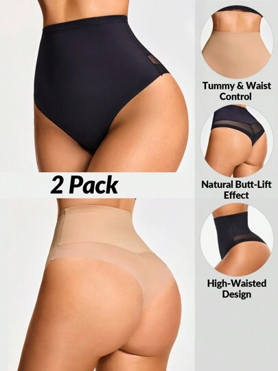 SHAPORA 2 Packs Shaping High-Waisted Thong Set Shapewear Short Body Shaper Butt Lifter-Tummy Waist Control