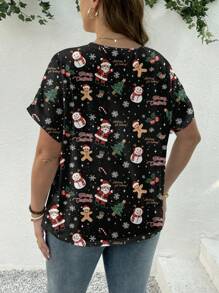 SHEIN Essnce 圣诞节服装圣诞老人雪人图案女式夏季短袖V领宽松大码T恤套头衫 - 黑色 - 查看 2