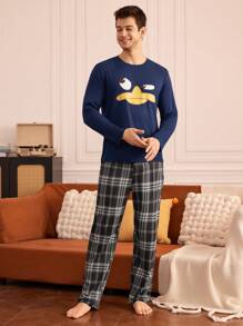 Happy Jammies Camiseta de pijama casual simple de cuello redondo y manga larga estampada para hombres