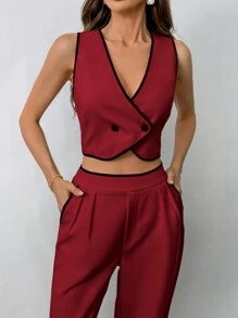 Aveloria Modichic 2 件办公室女士优雅搭配撞色边饰重叠纽扣背心和撞色边饰裤套装 - 紅色 - 查看 2