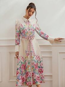 GENKIRA 缎面花卉印花连衣裙，配有可拆卸腰带，优雅浪漫的度假风格长袖衬衫领连衣裙 - 彩色 - 查看 6