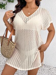 SHEIN Frenchy Plus Size Plain V-Neck Short Sleeve Sheer T-Shirt, Casual Holiday - Apricot - View 6