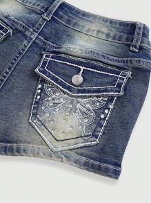 ROMWE J-Fashion Y2K Style Butterfly Embroidery Rhinestone Distressed Retro Super Low Waist Super Short Women Denim Shorts - Blue - View 3