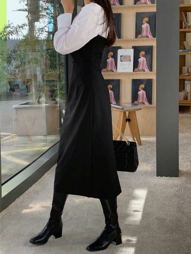 Women Midi Dress With Contrast Splice, Slim Fit, Elegant Long Sleeve, Spring/Autumn