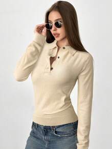 Aloruh Women's Autumn/Winter Polo Collar Half-Zip Button Up Long Sleeve Slim Fit Sweater