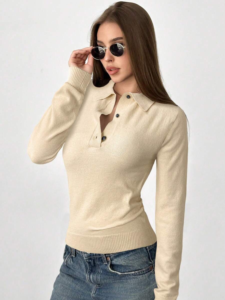 Aloruh Women's Autumn/Winter Polo Collar Half-Zip Button Up Long Sleeve Slim Fit Sweater