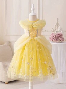 Glamorique Kids Yellow Princess Dress, Girls' Dress, Four Seasons Style, Princess Style Dress, Gorgeous, Suitable For Parties, Birthday Parties, Large Events, Performances, Pink Mesh, Printed Dress, Four Seasons Daily Wear, Gemstones, Stage, Performances - Yellow - View 3