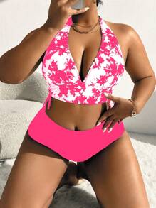 Slaydiva Plus Size Tie-Dye Print Halter Neck Top And Solid Color Triangle Bikini Set Bottom Bikini Set, High Waisted Swimwear Bathing Suit Beach Outfit Summer Vacation,Summer Beach