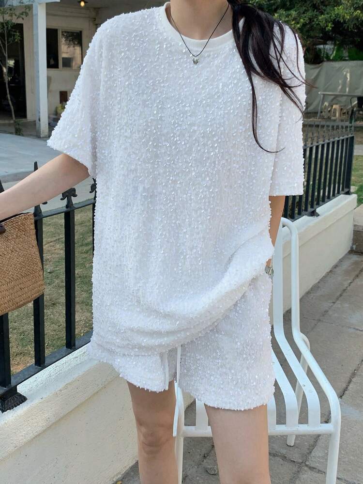2pcs Women Solid Color Round Neck Short Sleeve Top & Shorts Set Summer Lounge Sets For Women