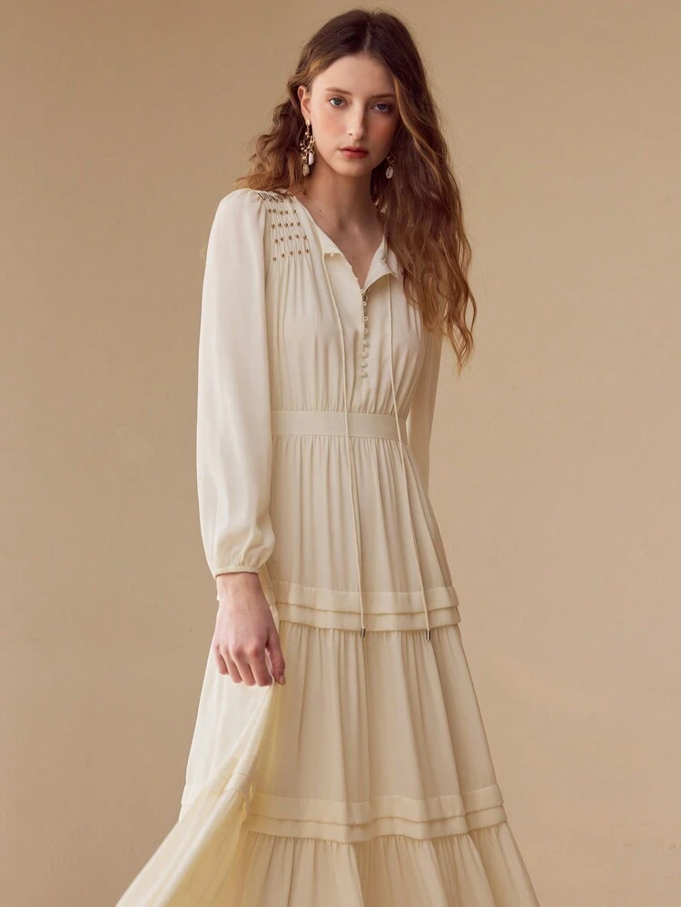 GATHERED TIE NECK DRESS,SPRING/SUMMER