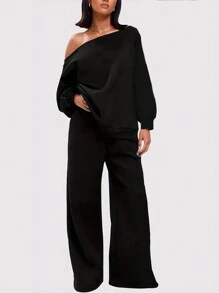 INAWLY Plus Size Solid Color Asymmetrical Neck Loose Sweatshirt & Sweatpants 2Pcs Set Fall Cloth For Women - Black - View 1