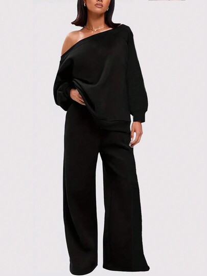 INAWLY Plus Size Solid Color Asymmetrical Neck Loose Sweatshirt & Sweatpants 2Pcs Set Fall Cloth For Women