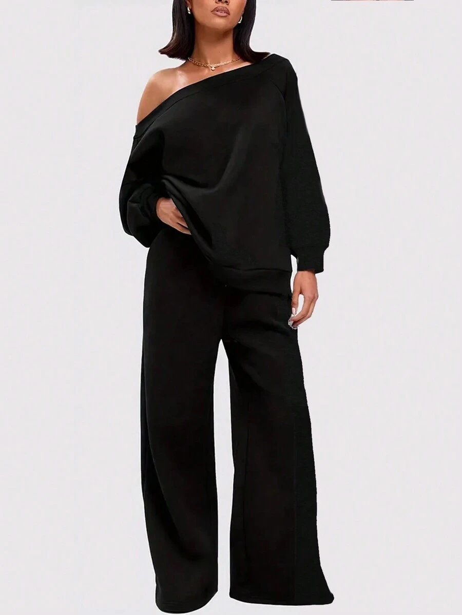 INAWLY Plus Size Solid Color Asymmetrical Neck Loose Sweatshirt & Sweatpants 2Pcs Set Fall Cloth For Women - Black - View 1