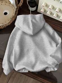 SHEIN EZwear Sudadera holgada de manga larga con capucha y estampado de letras de estilo minimalista casual para mujer