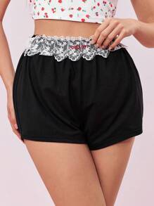 ROMWE Kawaii Lace Splice Embroidered Baby Design Pajama Bottoms - Black - View 5