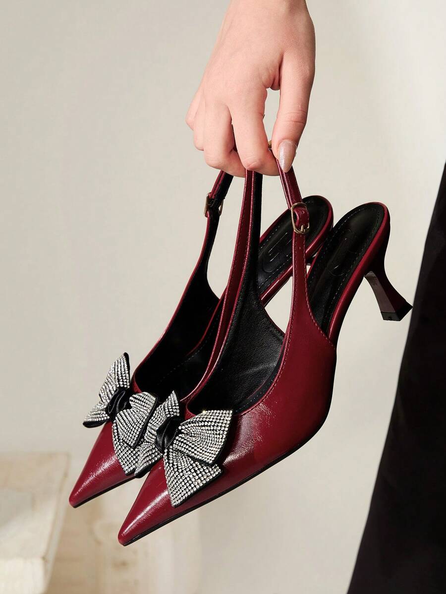 CUCCOO CHICEST Women's Pointed Toe Gold Chain Buckle Design Medium Heel Elegant Elegant Red PU Leather Office Pumps, Mule Shoes For Date, Office, Afternoon Tea, Stylish Outfit, Valentine's Day - Burgundy - View 1