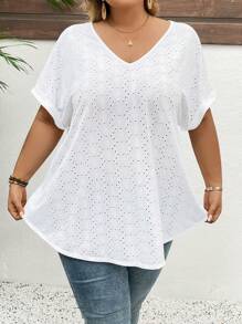 SHEIN CURVE+ Áo thun tay ngắn màu trắng thời trang ngày của mẹ cỡ lớn cho nữ phong cách Boho nghỉ dưỡng - trắng - Xem 11