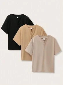 SHEIN 3pcs Kids Tween Boy Beige Summer Casual School Back-To-School Japanese Style V-Neck Pullover Short Sleeved Loose Knit T-Shirt Multi Piece Set - Multicolor - View 6