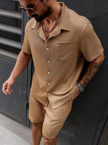 Manfinity CasualCool 1 套大码男士衬衫和短裤，休闲简约时尚，适合日常穿着 - 卡其色 - 查看 3