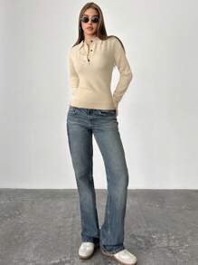 Aloruh Women's Autumn/Winter Polo Collar Half-Zip Button Up Long Sleeve Slim Fit Sweater