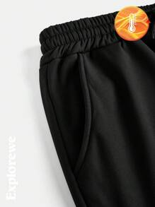 SHEIN 青少年女孩休闲纯色抽绳腰长裤，户外，秋冬 - 黑色 - 查看 5