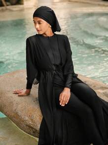 Swim Mulvari Burkini long à manches longues de couleur unie pour femmes, casual et pour le port quotidien en vacances à la plage d'été. Vêtement arabe - Noir - Voir 1