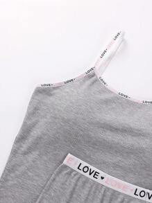 Teens' Underwear Vest With Cups, Grey Ribbed Fabric LOVE Tape Camisole, Can Be Worn Inside Or Out, Set With Ruffle Trim Shorts Sports Pants,Summer Travel - Grey - View 3