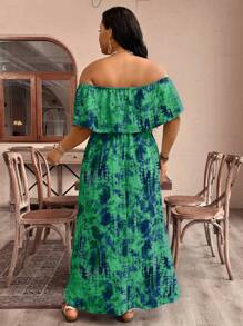 SHEIN VCAY Rochie de vacanță cu umăr dezactivat cu volane, cu imprimeu Boho Tie Dye, de mărime Plus, pentru vară - Verde - Vizualizare 2