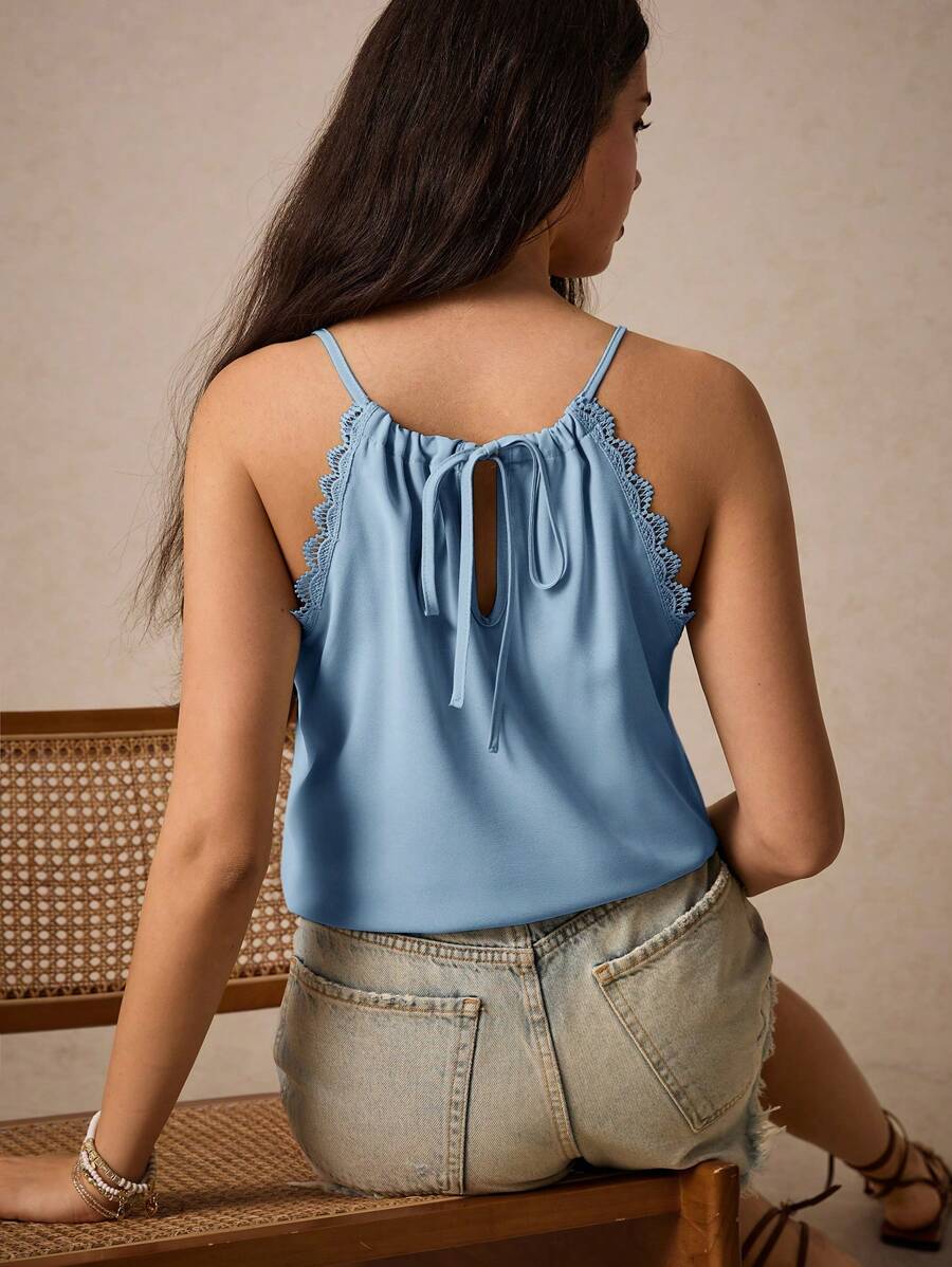 SHEIN Frenchy Women Solid Color Contrast Lace Racerback Camisole
